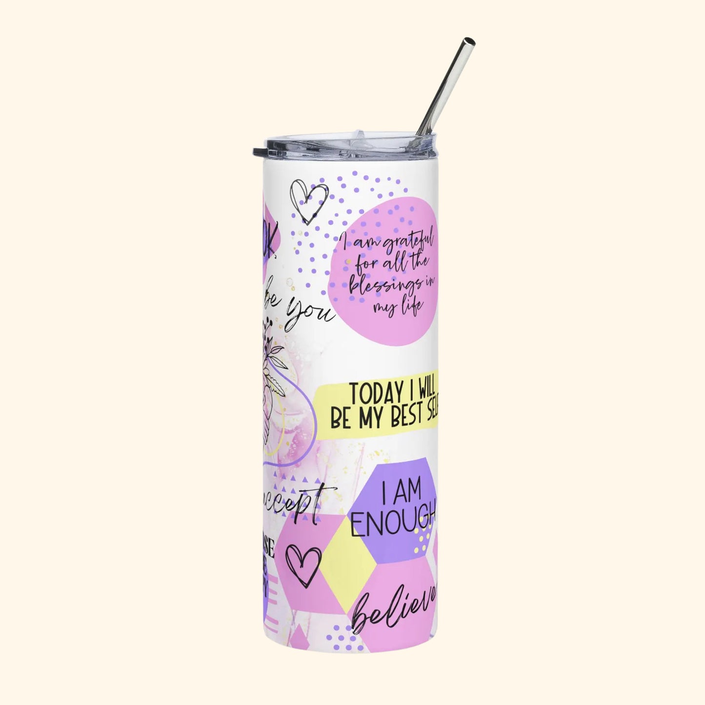 Pastel Motivational Collage Skinny Tumbler – 20oz with Lid & Straw