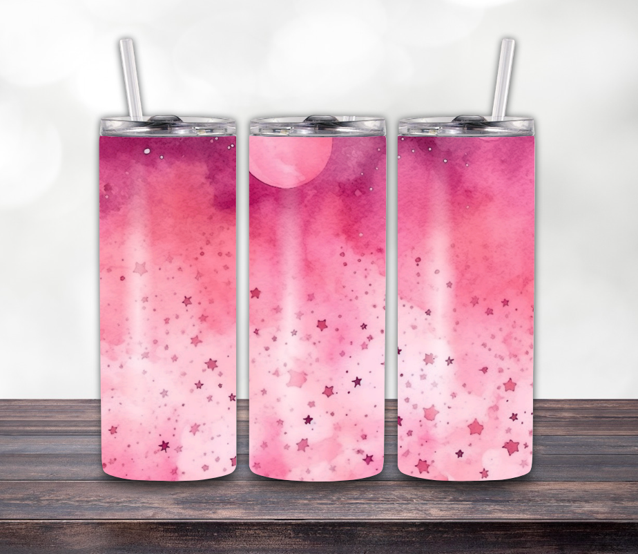 Pink Galaxy Stars Skinny Tumbler – 20oz with Lid & Straw