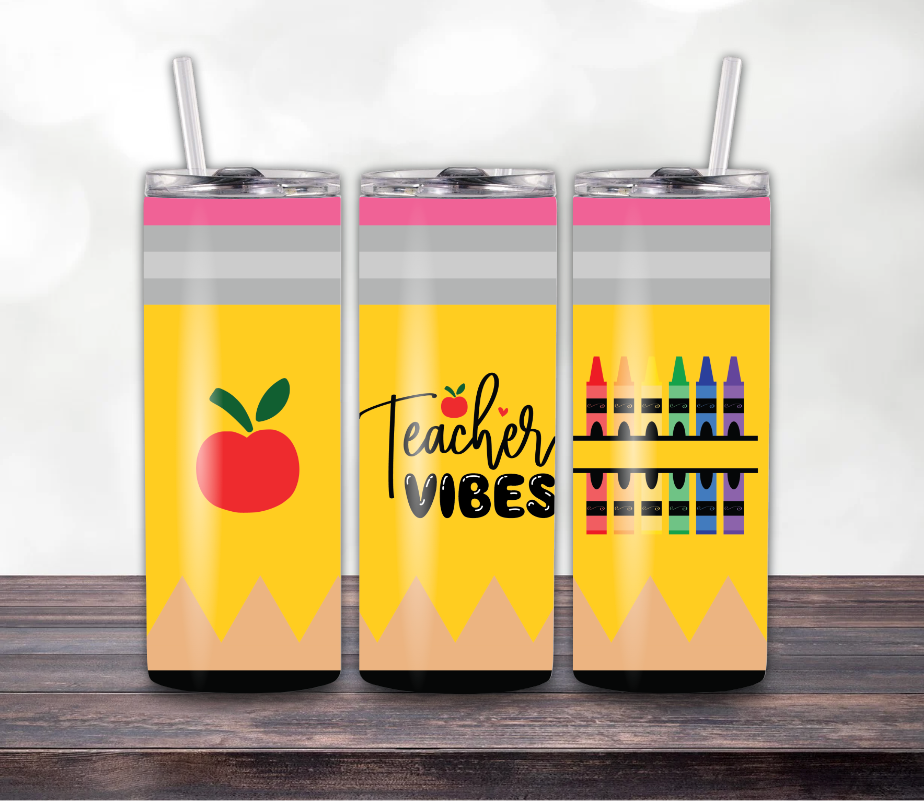 Teacher Vibes Pencil Skinny Tumbler – 20oz with Lid & Straw