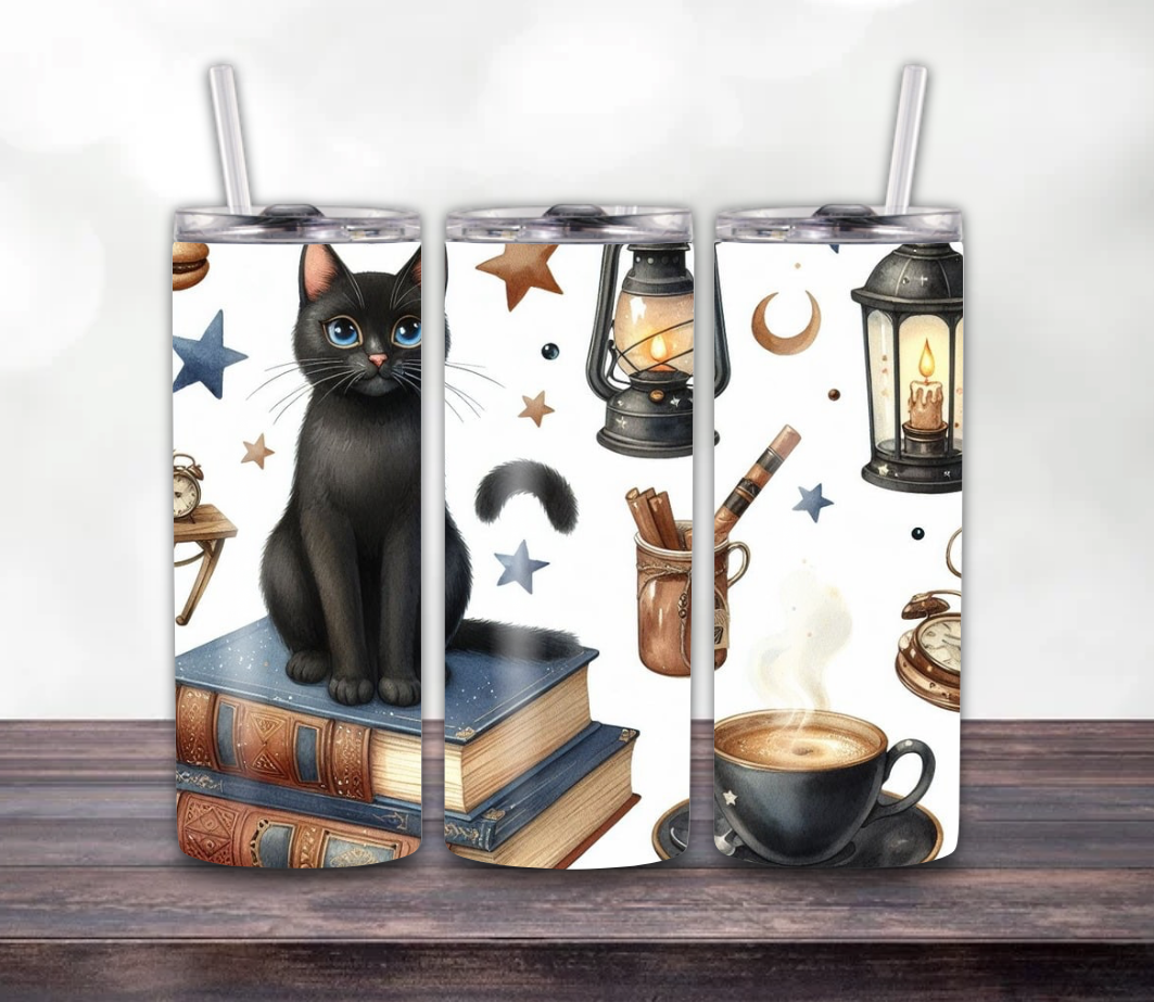 Black Cat & Coffee Magic Skinny Tumbler – 20oz with Lid & Straw