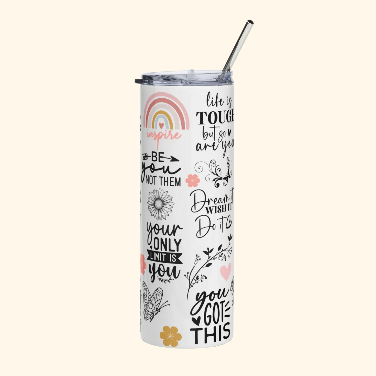 Inspirational Quotes Skinny Tumbler – 20oz with Lid & Straw