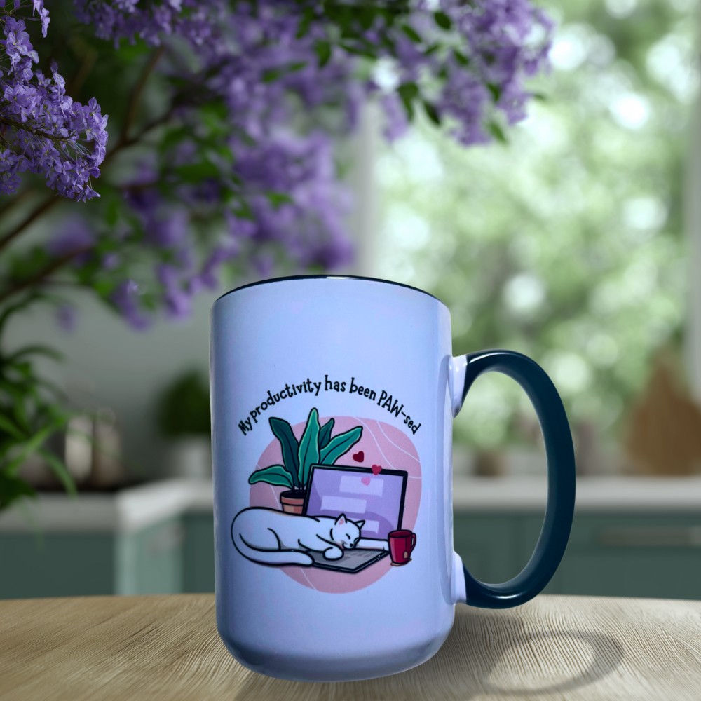 Cute ceramic mug with sleepy cat illustration and text My Productivity Has Been PAW-sed