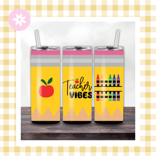 Teacher Vibes Pencil Skinny Tumbler – 20oz with Lid & Straw