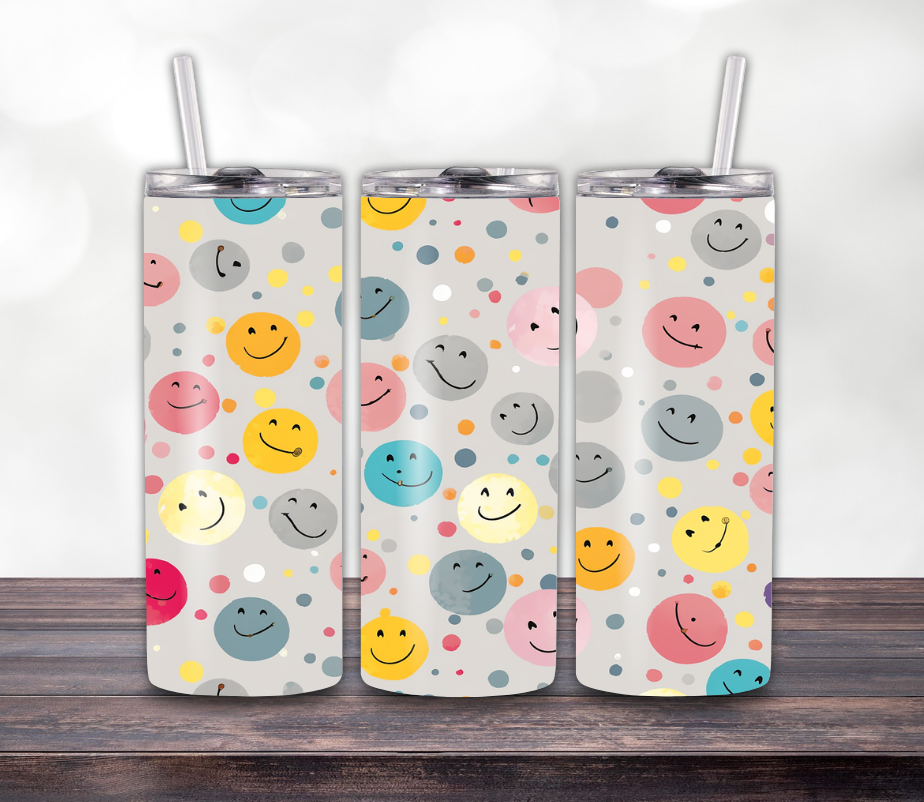Smiley Pastel Dots Skinny Tumbler – 20oz with Lid & Straw