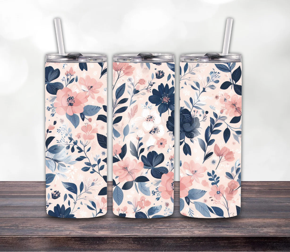 Blush & Navy Floral Skinny Tumbler – 20oz with Lid & Straw