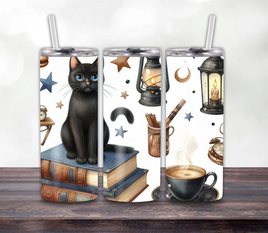 Black Cat & Coffee Magic Skinny Tumbler – 20oz with Lid & Straw