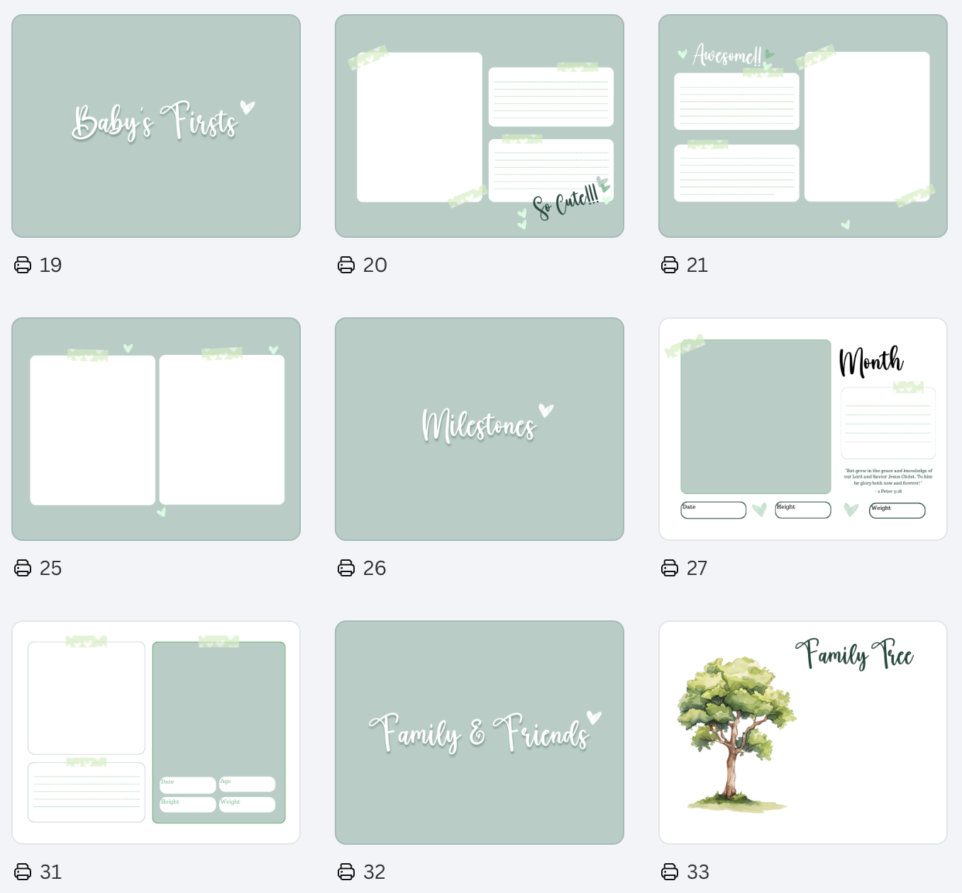 Preview pages – baby shower, birth story, and labor & delivery sections